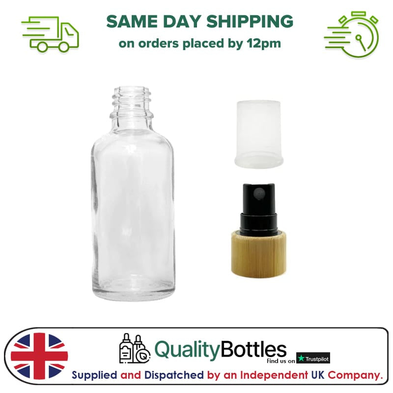 50ml Clear Glass Dropper Bottle with Black Atomiser with Bamboo Collar and Clear Over Cap - Pack of 12