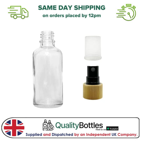 50ml Clear Glass Dropper Bottle with Black Atomiser with Bamboo Collar and Clear Over Cap - Pack of 12