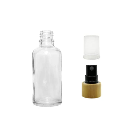 50ml Clear Glass Dropper Bottle with Black Atomiser with Bamboo Collar and Clear Over Cap