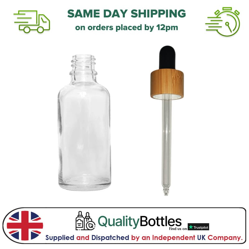 50ml Clear Glass Dropper Bottle with Black Bamboo Dropper - Pack of 12