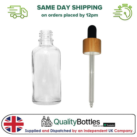 50ml Clear Glass Dropper Bottle with Black Bamboo Dropper - Pack of 12
