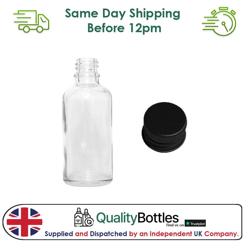 50ml Clear Glass Dropper Bottle with Black DIN18 Cap - Pack of 12