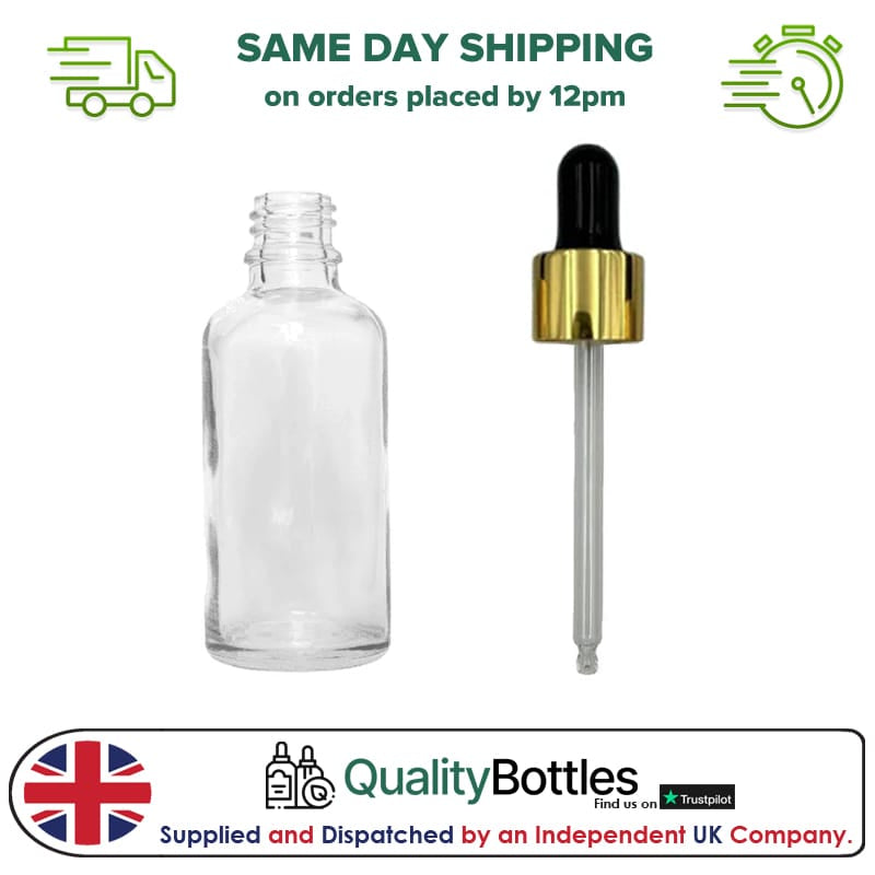50ml Clear Glass Dropper Bottle with Black & Gold Dropper - Pack of 12