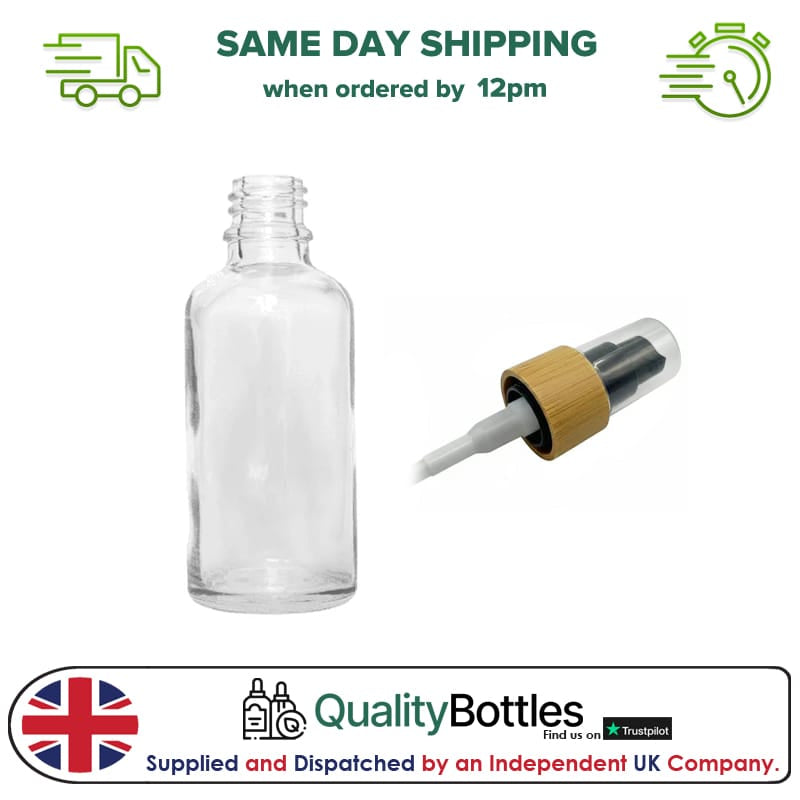 50ml Clear Glass Dropper Bottle with Black Lotion Pump with Bamboo Collar and Clear Over Cap - Pack of 12