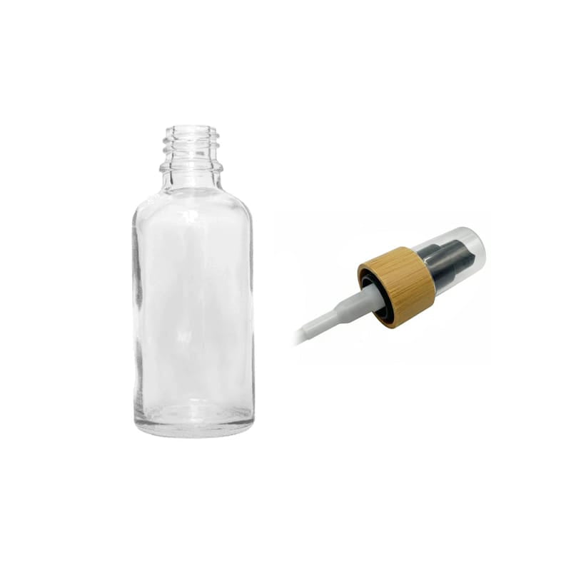 50ml Clear Glass Dropper Bottle with Black Lotion Pump with Bamboo Collar and Clear Over Cap