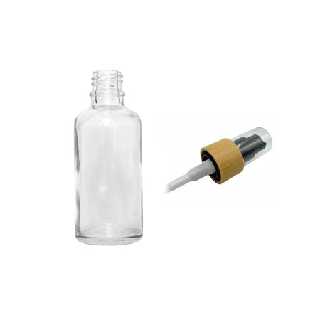 50ml Clear Glass Dropper Bottle with Black Lotion Pump with Bamboo Collar and Clear Over Cap