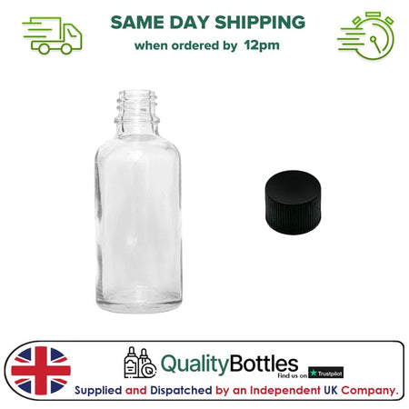 50ml Clear Glass Dropper Bottle with Black PP Wadded Cap DIN 18mm - Pack of 12