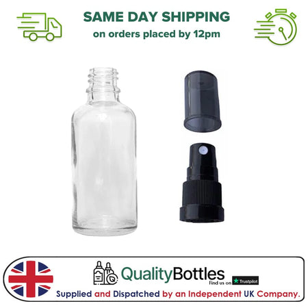 50ml Clear Glass Dropper Bottle with Black Tamper Evident Atomiser with Dark Tinted Over Cap (Type III) - Pack of 12