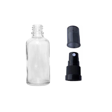 50ml Clear Glass Dropper Bottle with Black Tamper Evident Atomiser with Dark Tinted Over Cap (Type III)