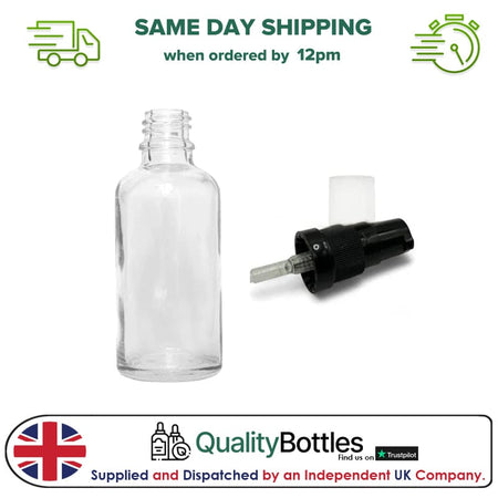 50ml Clear Glass Dropper Bottle with Black Tamper Evident Lotion Pump with Clear Over Cap (Type III) - Pack of 12