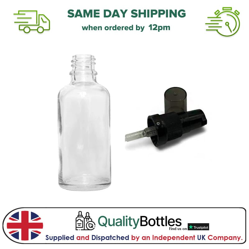 50ml Clear Glass Dropper Bottle with Black Tamper Evident Lotion Pump with Smoke Tinted Over Cap (Type III) - Pack of 12