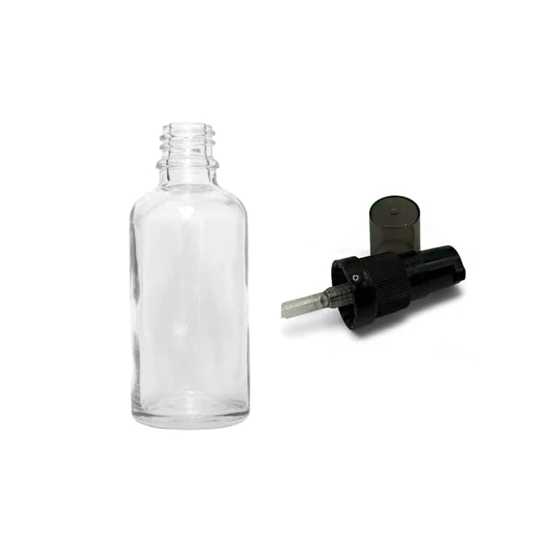50ml Clear Glass Dropper Bottle with Black Tamper Evident Lotion Pump with Smoke Tinted Over Cap (Type III)