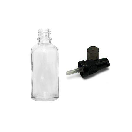 50ml Clear Glass Dropper Bottle with Black Tamper Evident Lotion Pump with Smoke Tinted Over Cap (Type III)