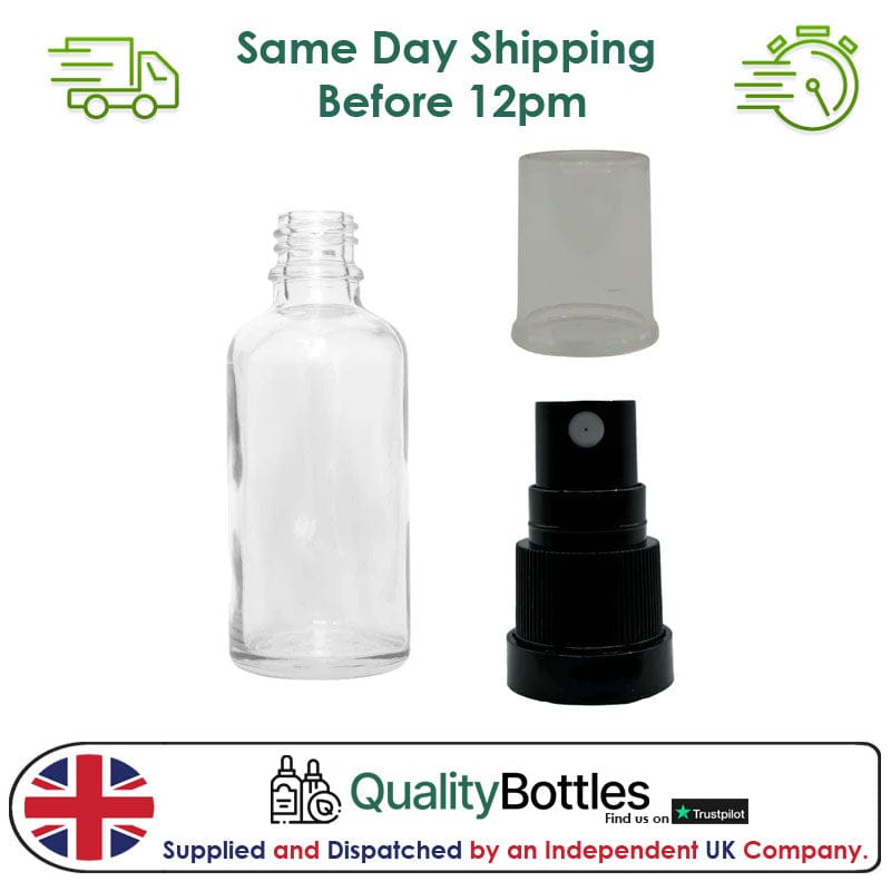 50ml Clear Glass Dropper Bottle with Black TE Atomiser - Pack of 12