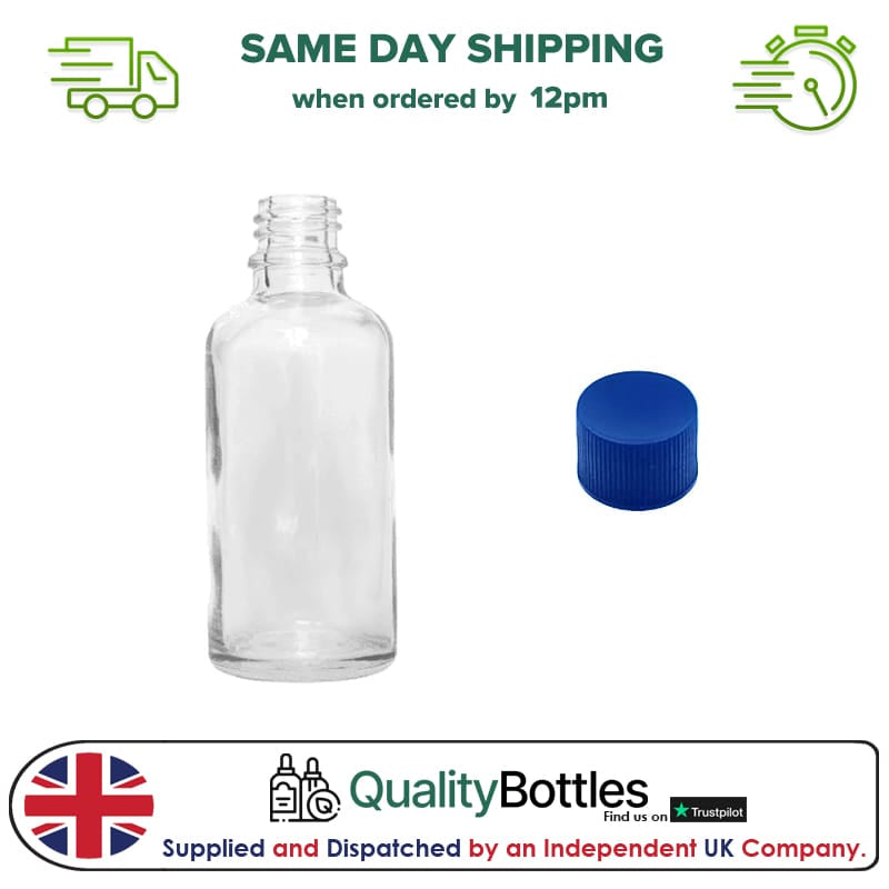50ml Clear Glass Dropper Bottle with Blue PP Wadded Cap DIN 18mm - Pack of 12