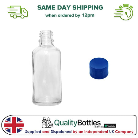 50ml Clear Glass Dropper Bottle with Blue PP Wadded Cap DIN 18mm - Pack of 12