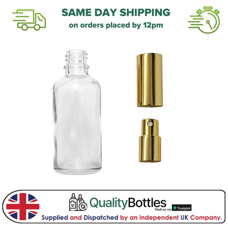 50ml Clear Glass Dropper Bottle with Gold Atomiser with Gold Over Cap - Pack of 12