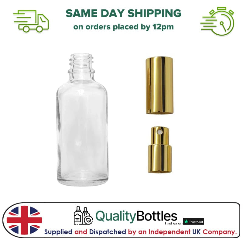 50ml Clear Glass Dropper Bottle with Gold Atomiser with Gold Over Cap - Pack of 12