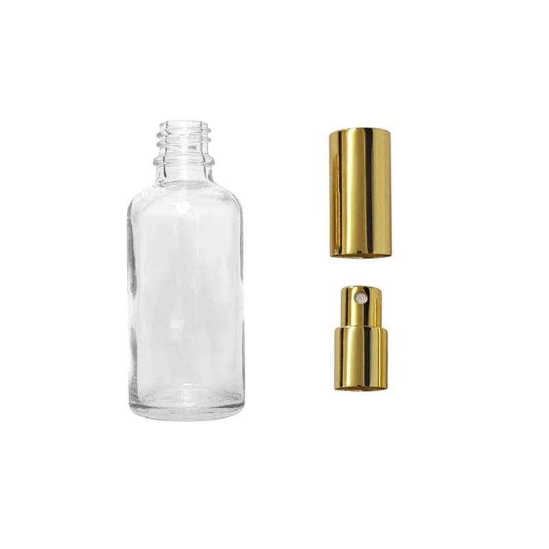 50ml Clear Glass Dropper Bottle with Gold Atomiser with Gold Over Cap