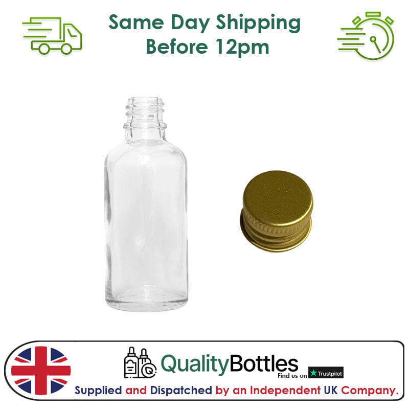 50ml Clear Glass Dropper Bottle with Gold DIN18 Cap - Pack of 12