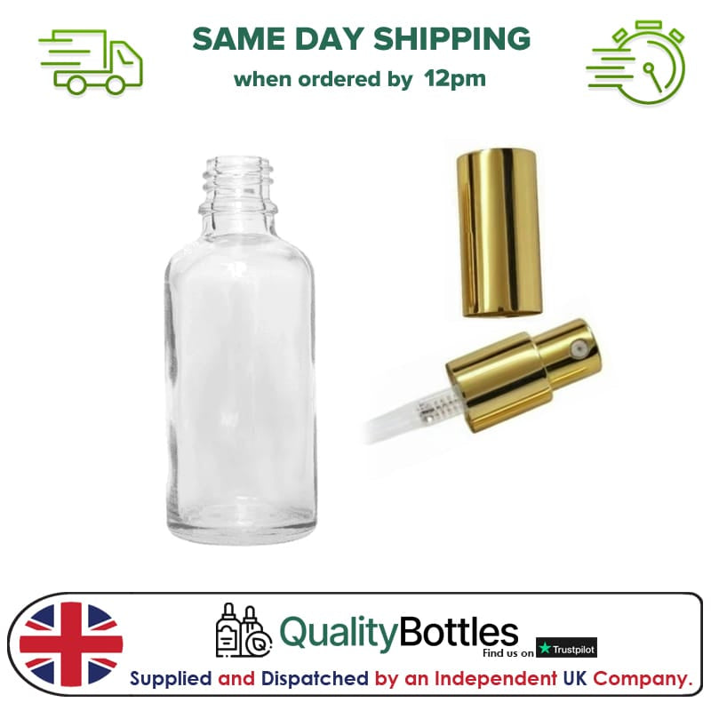 50ml Clear Glass Dropper Bottle with Gold Lotion Pump with Gold Over Cap - Pack of 12