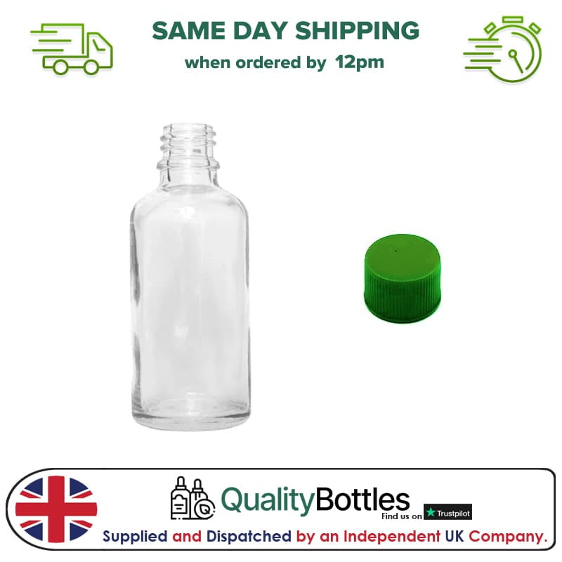 50ml Clear Glass Dropper Bottle with Green PP Wadded Cap DIN 18mm - Pack of 12