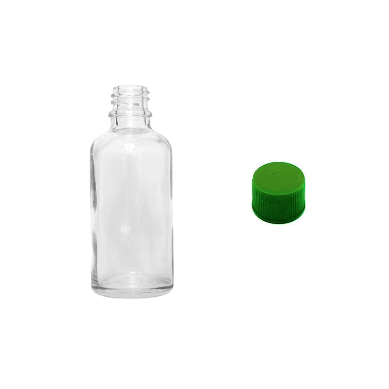 50ml Clear Glass Dropper Bottle with Green PP Wadded Cap DIN 18mm