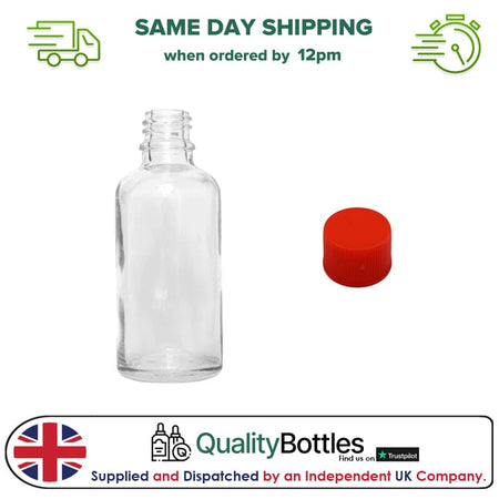 50ml Clear Glass Dropper Bottle with Red PP Wadded Cap DIN 18mm - Pack of 12