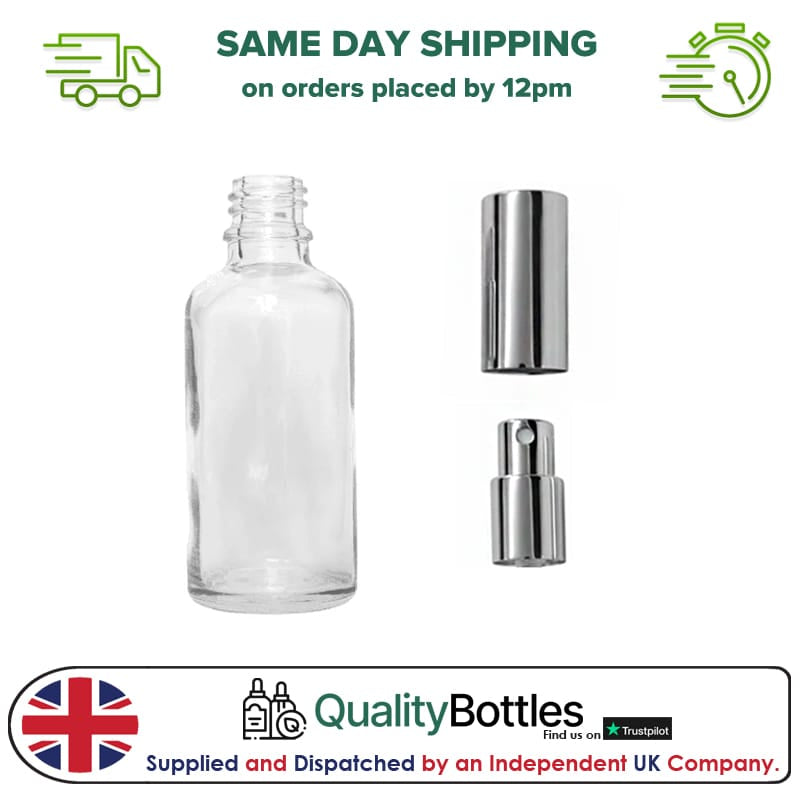 50ml Clear Glass Dropper Bottle with Silver Atomiser with Silver Over Cap - Pack of 12