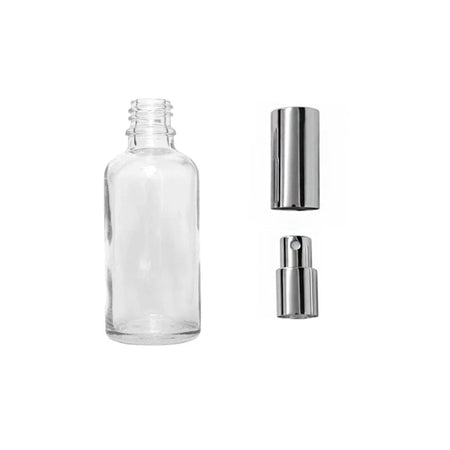 50ml Clear Glass Dropper Bottle with Silver Atomiser with Silver Over Cap