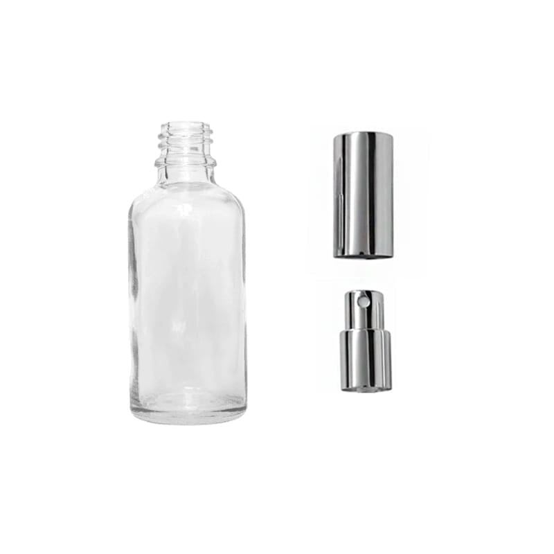 50ml Clear Glass Dropper Bottle with Silver Atomiser with Silver Over Cap
