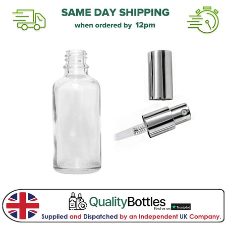 50ml Clear Glass Dropper Bottle with Silver Lotion Pump with Silver Over Cap - Pack of 12