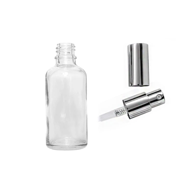 50ml Clear Glass Dropper Bottle with Silver Lotion Pump with Silver Over Cap