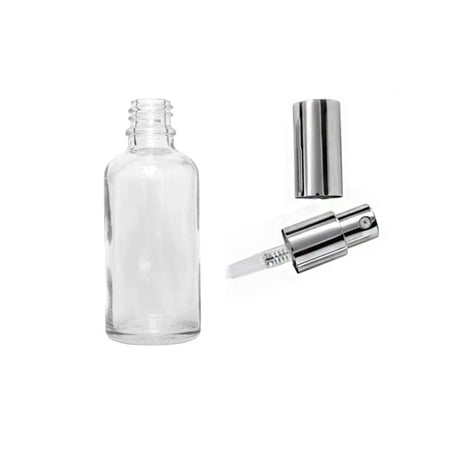 50ml Clear Glass Dropper Bottle with Silver Lotion Pump with Silver Over Cap