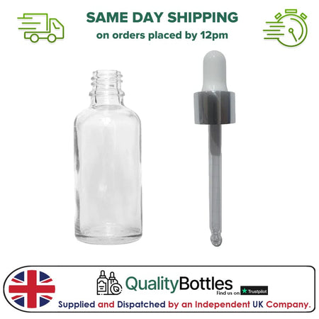 50ml Clear Glass Dropper Bottle with Silver & White Dropper - Pack of 12