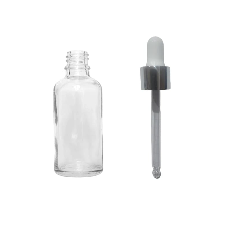 50ml Clear Glass Dropper Bottle with Silver & White Dropper