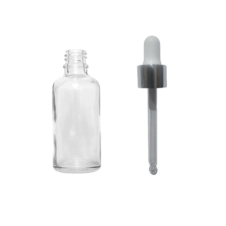 50ml Clear Glass Dropper Bottle with Silver & White Dropper