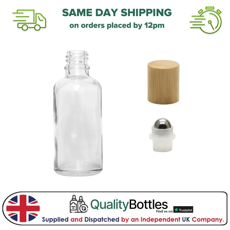 50ml Clear Glass Dropper Bottle with Stainless Steel Roller Ball Insert with Bamboo Cap - Pack of 12