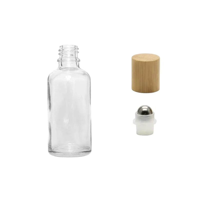 50ml Clear Glass Dropper Bottle with Stainless Steel Roller Ball Insert with Bamboo Cap