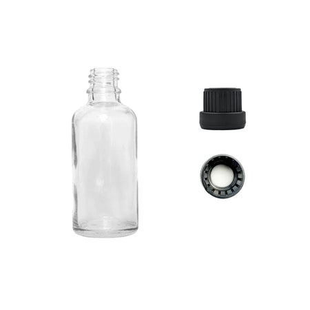 50ml Clear Glass Dropper Bottle with Tamper Evident Ribbed Black Cap and EPE Liner (Type III)