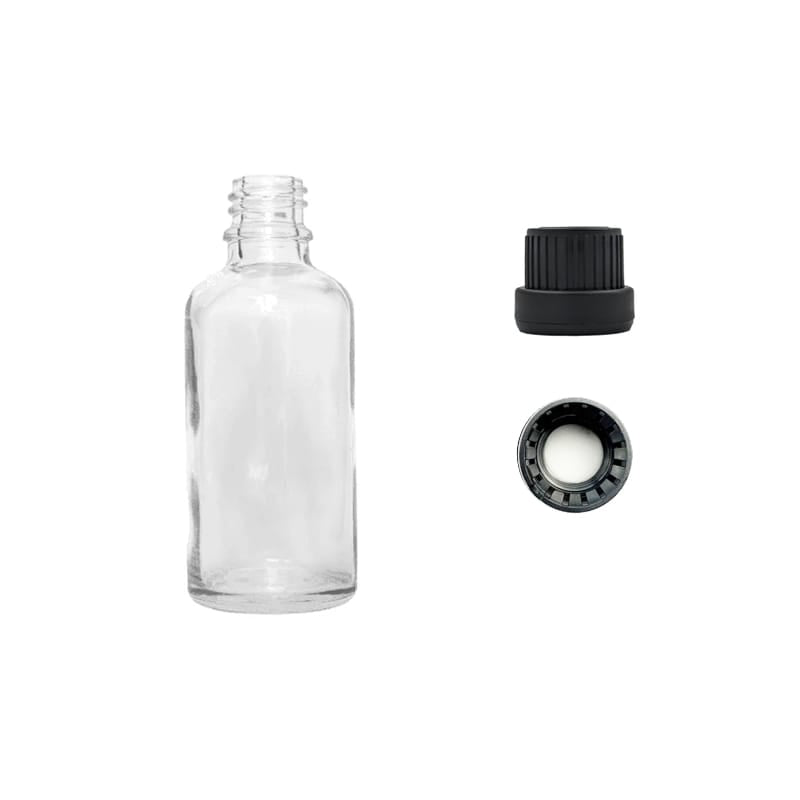 50ml Clear Glass Dropper Bottle with Tamper Evident Ribbed Black Cap and EPE Liner (Type III)