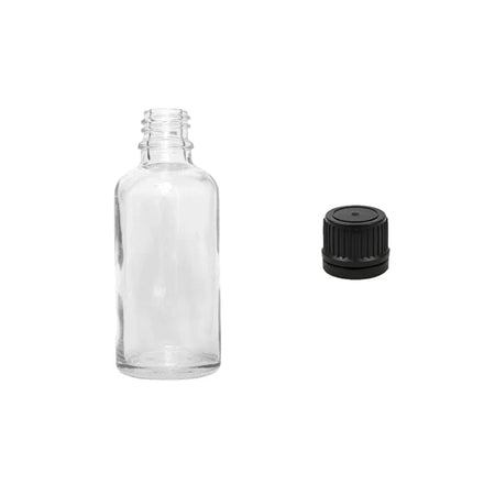 50ml Clear Glass Dropper Bottle with Tamper Evident Ribbed Black Cap (Type II)
