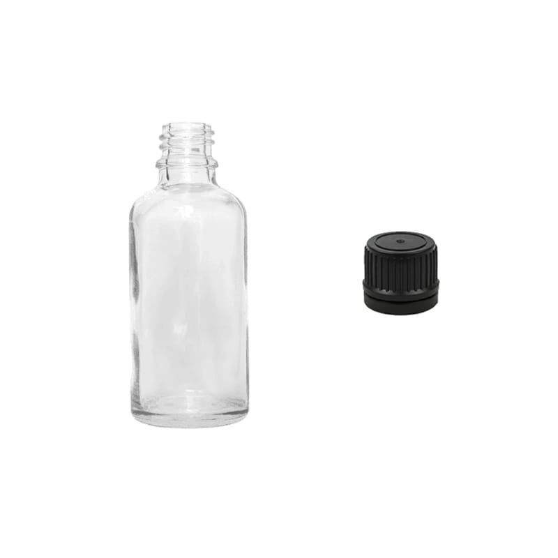 50ml Clear Glass Dropper Bottle with Tamper Evident Ribbed Black Cap (Type II)