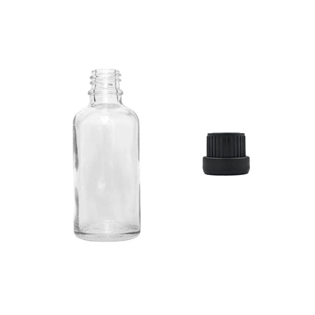 50ml Clear Glass Dropper Bottle with Tamper Evident Ribbed Black Cap (Type III)
