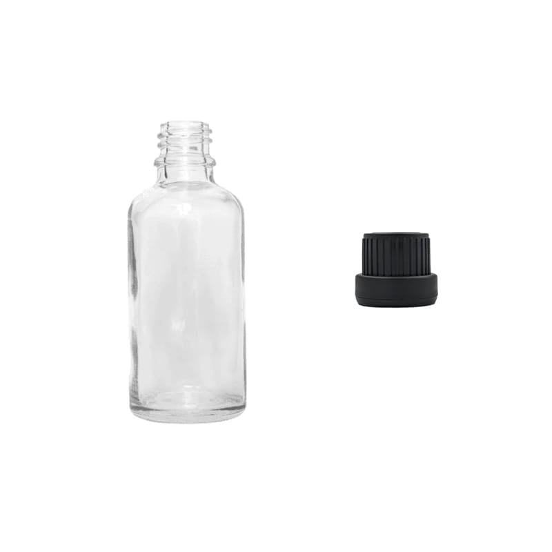50ml Clear Glass Dropper Bottle with Tamper Evident Ribbed Black Cap (Type III)
