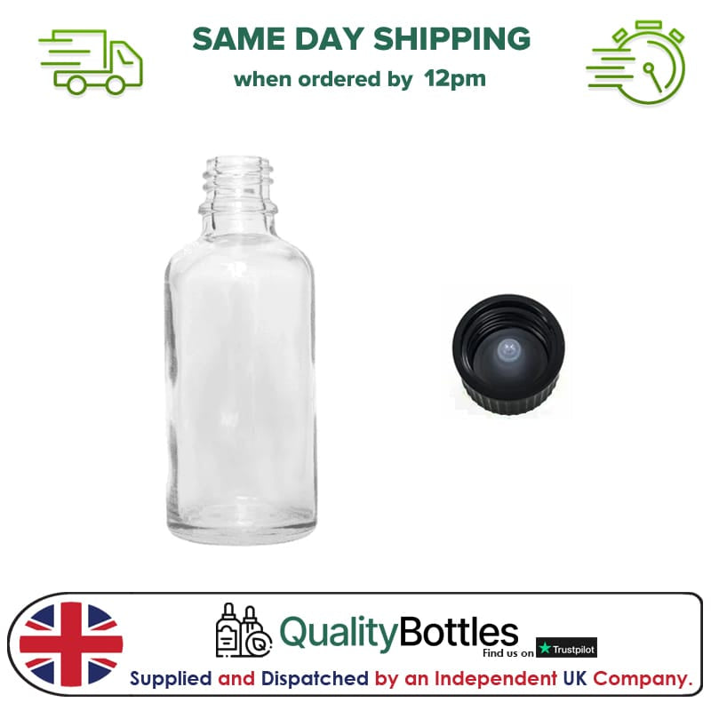 50ml Clear Glass Dropper Bottle with Urea Black Cap with Polycone Insert DIN 18mm - Pack of 12