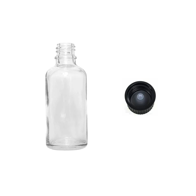 50ml Clear Glass Dropper Bottle with Urea Black Cap with Polycone Insert DIN 18mm