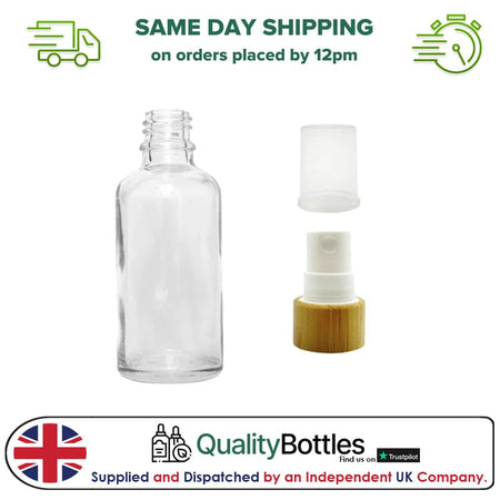 50ml Clear Glass Dropper Bottle with White Atomiser with Bamboo Collar and Clear Over Cap - Pack of 12