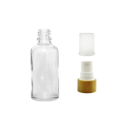 50ml Clear Glass Dropper Bottle with White Atomiser with Bamboo Collar and Clear Over Cap