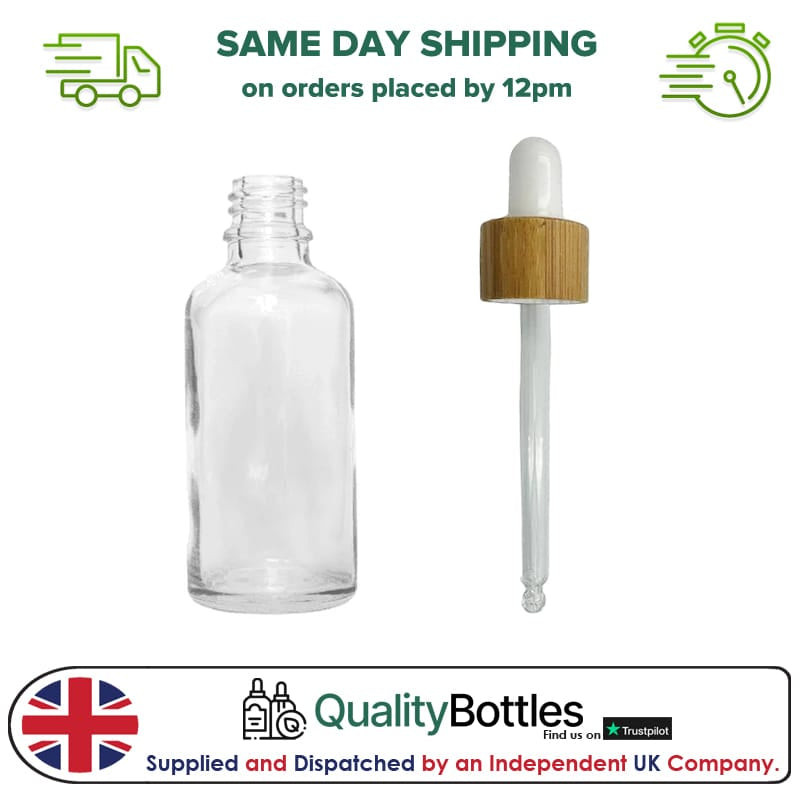 50ml Clear Glass Dropper Bottle with White Bamboo Dropper - Pack of 12